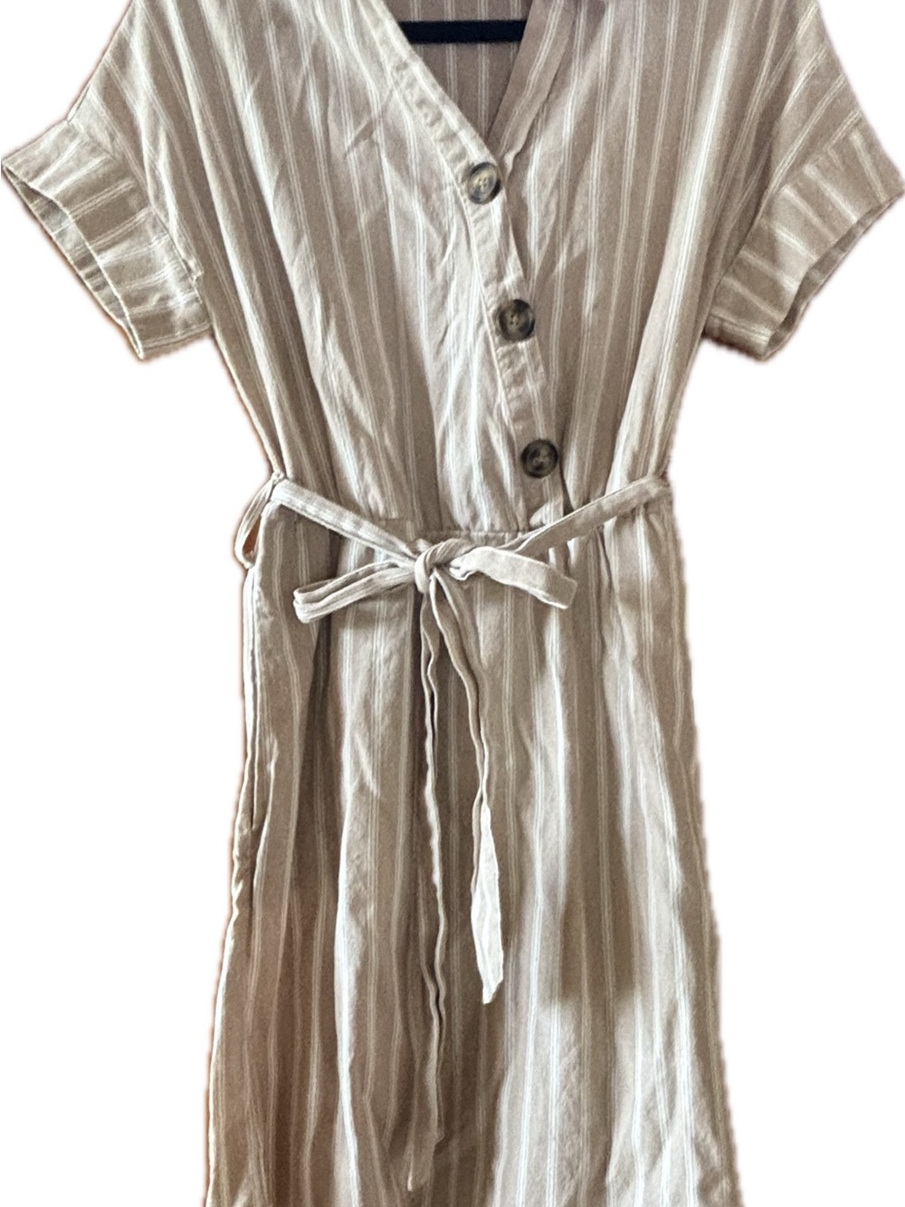 Robert Louis Beige and White Striped Linen Midi Dress